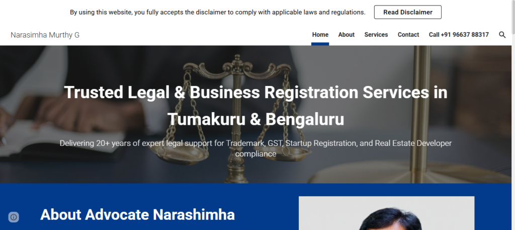 Based in Tumakuru, Karnataka, Mr.Narasimha Murthy G (B.A. L.L.B) provides professional legal services with a focus on client trust, clarity, and practical legal guidance. We are proud to have designed and developed a modern, mobile-first website creating a professional digital presence that reflects credibility and accessibility for clients across Karnataka and beyond.